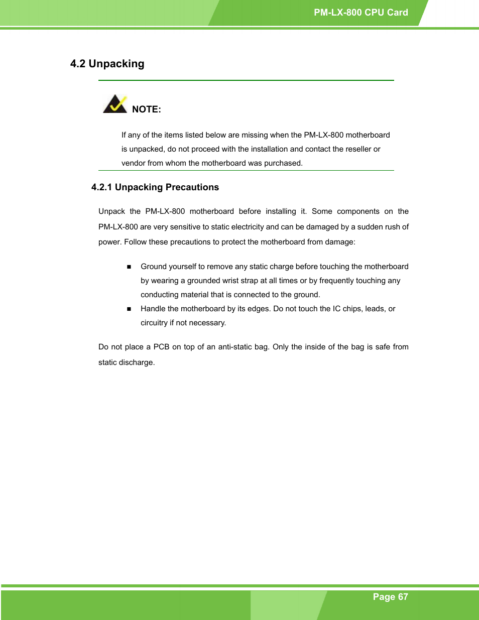 Unpacking, Unpacking precautions, Npacking | 1 unpacking precautions, 2 unpacking | IEI Integration PM-LX-800 v1.0 User Manual | Page 67 / 147