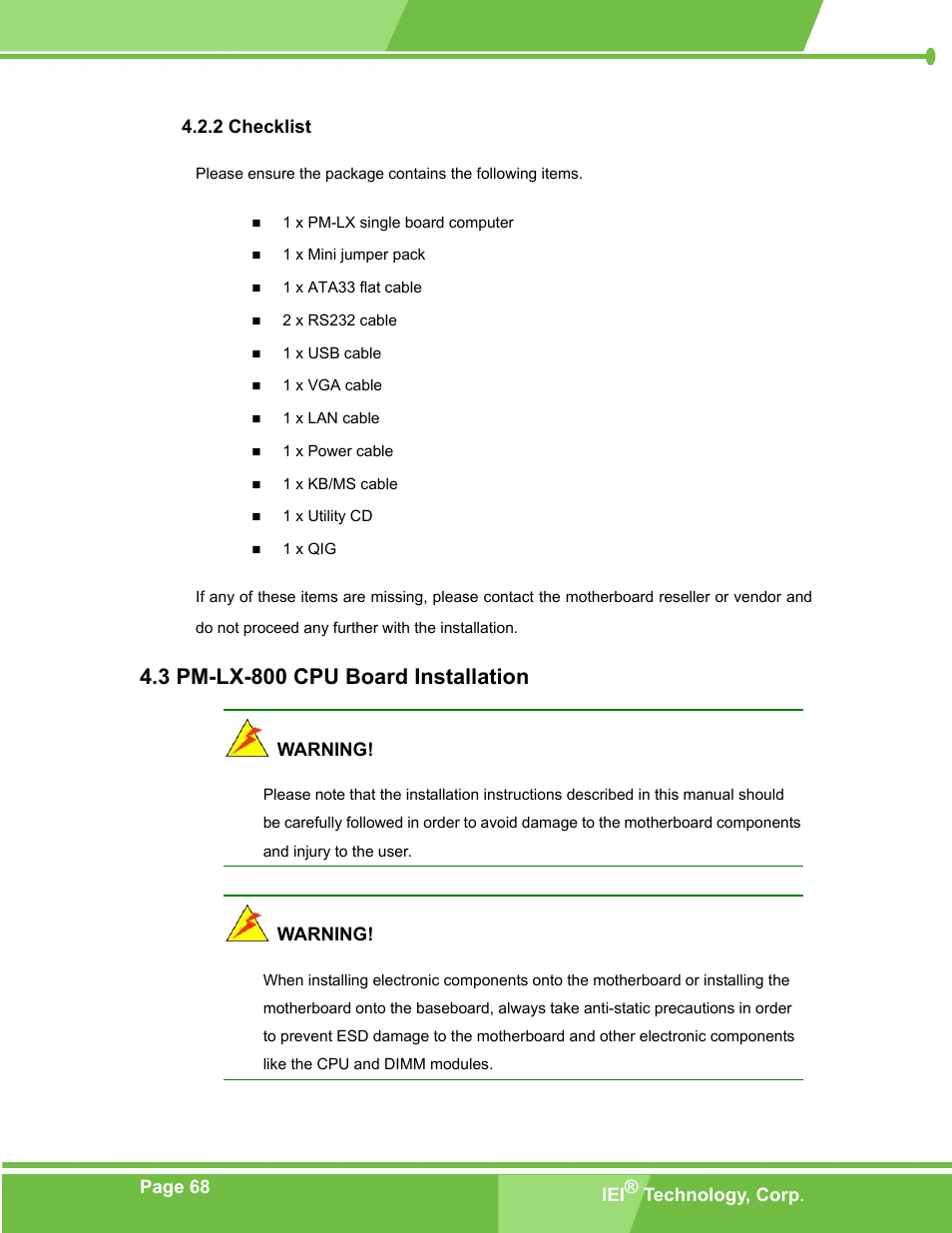 Checklist, Pm-lx-800 cpu board installation, 2 checklist | 3 pm-lx-800 cpu b, Oard, Nstallation, 3 pm-lx-800 cpu board installation | IEI Integration PM-LX-800 v1.0 User Manual | Page 68 / 147