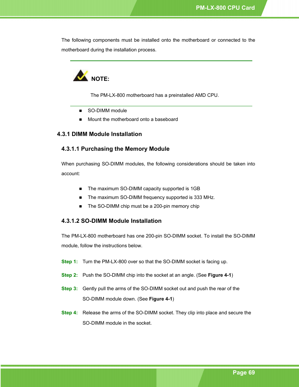 Dimm module installation, Purchasing the memory module, So-dimm module installation | 1 dimm module installation | IEI Integration PM-LX-800 v1.0 User Manual | Page 69 / 147