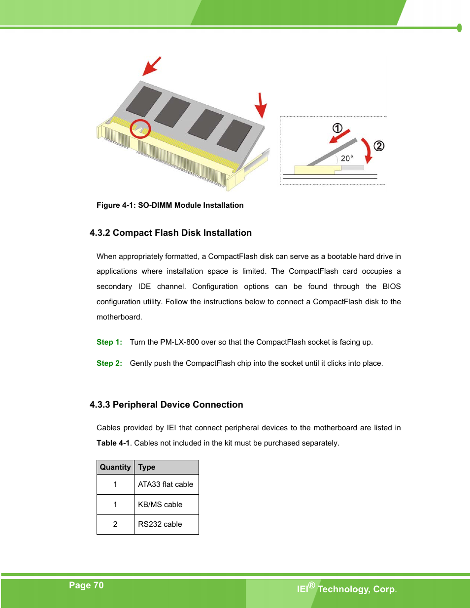 Compact flash disk installation, Peripheral device connection, Figure 4-1: so-dimm module installation | IEI Integration PM-LX-800 v1.0 User Manual | Page 70 / 147