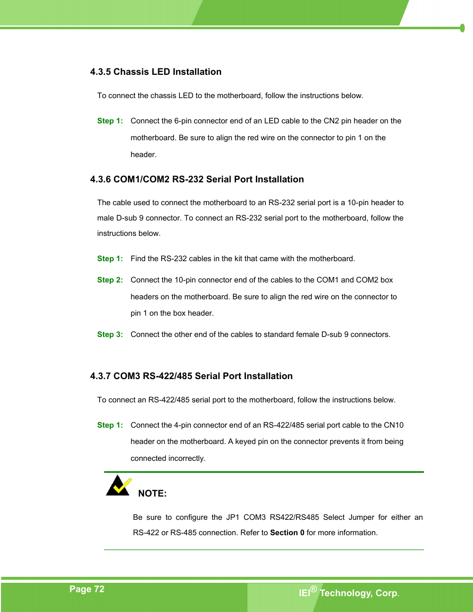 Chassis led installation, Com1/com2 rs-232 serial port installation, Com3 rs-422/485 serial port installation | 5 chassis led installation | IEI Integration PM-LX-800 v1.0 User Manual | Page 72 / 147