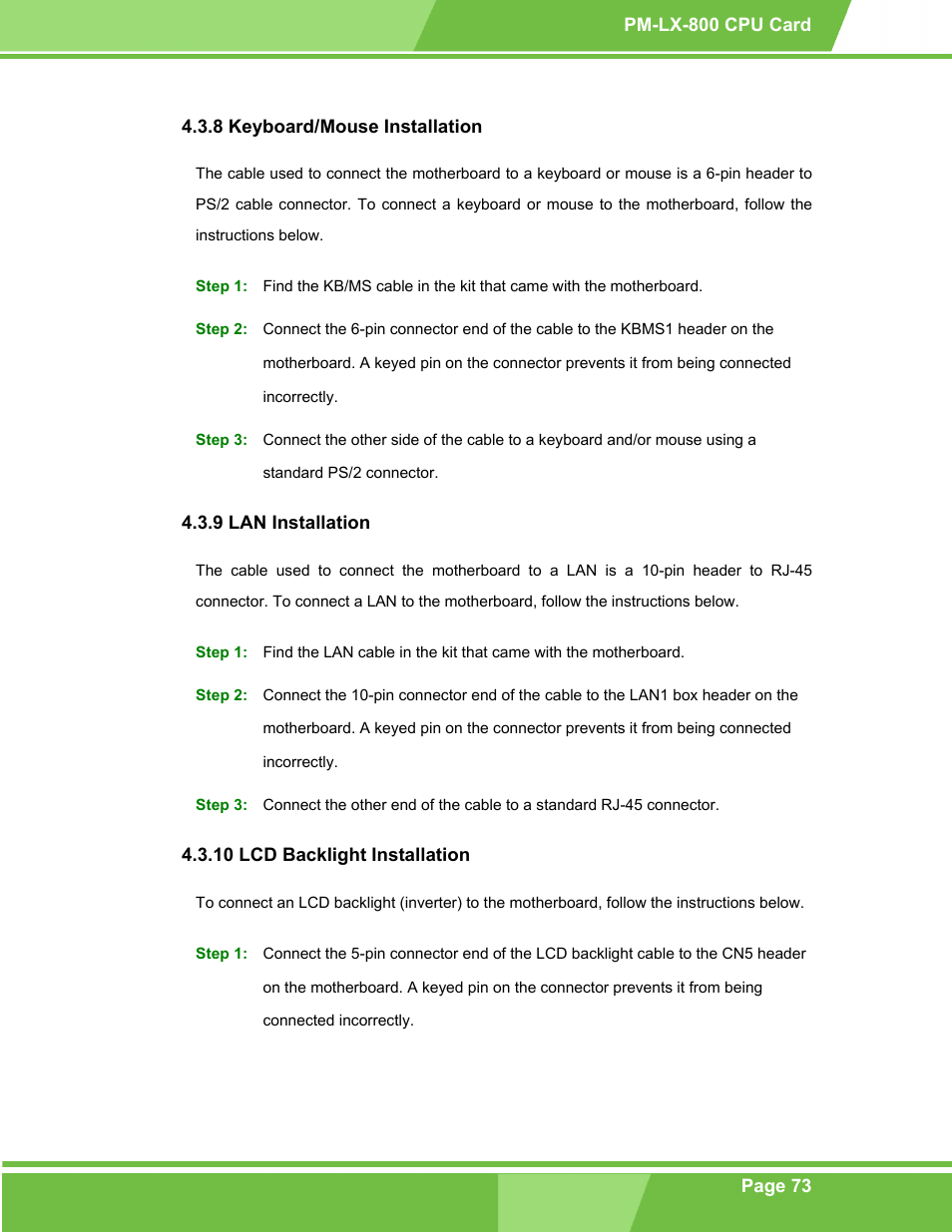 Keyboard/mouse installation, Lan installation, Lcd backlight installation | IEI Integration PM-LX-800 v1.0 User Manual | Page 73 / 147