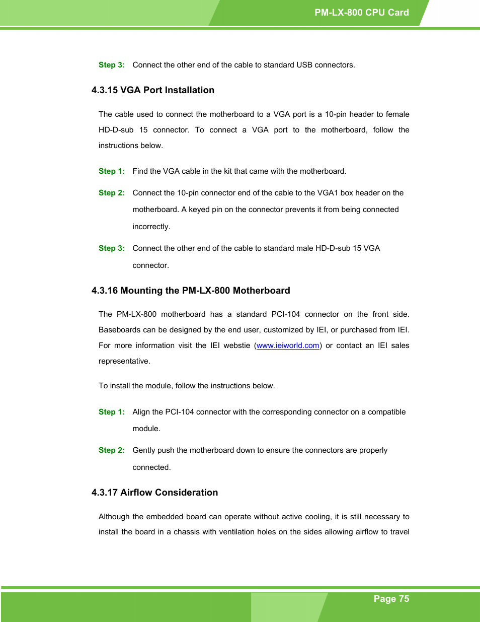 Vga port installation, Mounting the pm-lx-800 motherboard, Airflow consideration | IEI Integration PM-LX-800 v1.0 User Manual | Page 75 / 147