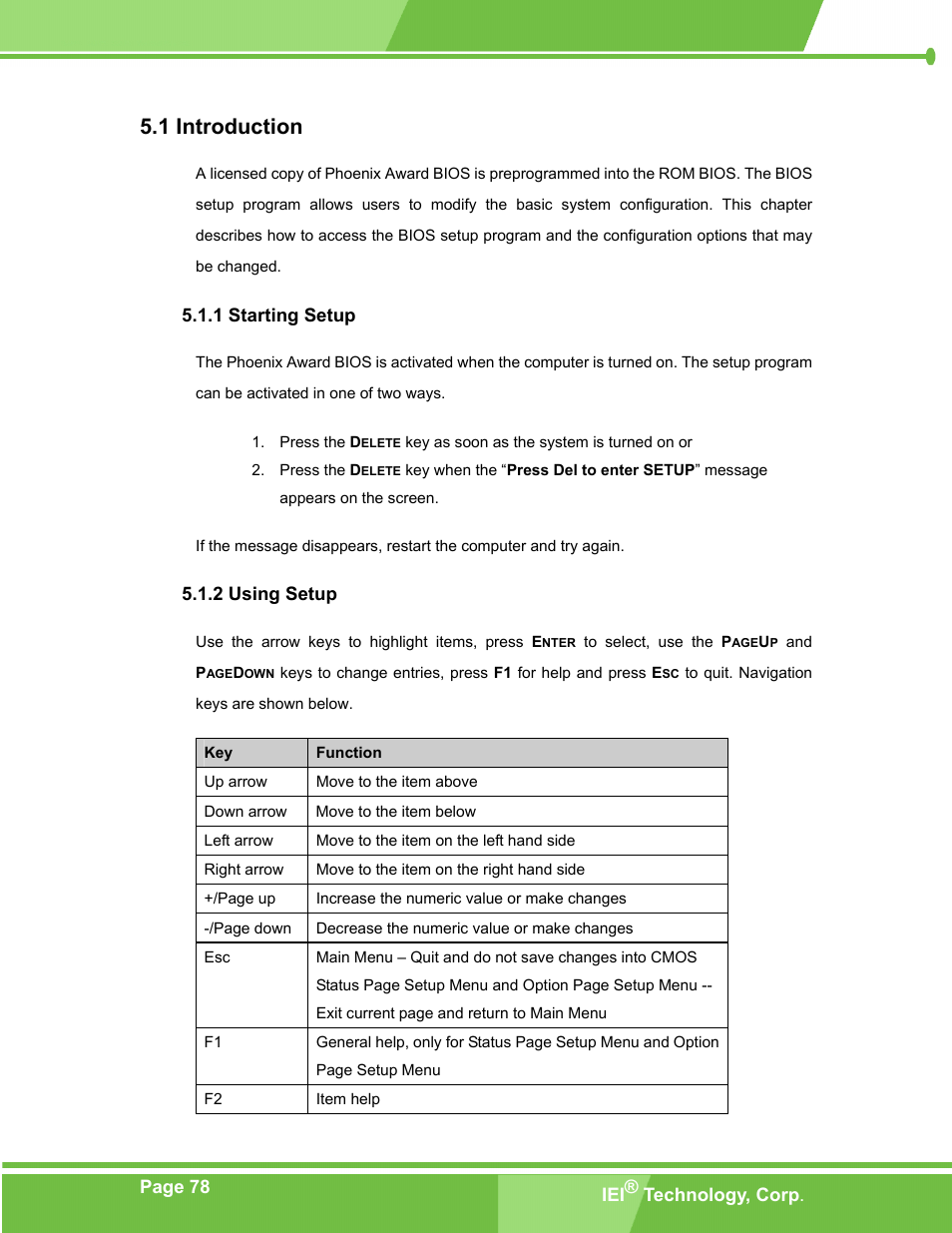 Introduction, Starting setup, Using setup | Ntroduction, 1 starting setup 5.1.2 using setup, 1 introduction | IEI Integration PM-LX-800 v1.0 User Manual | Page 78 / 147