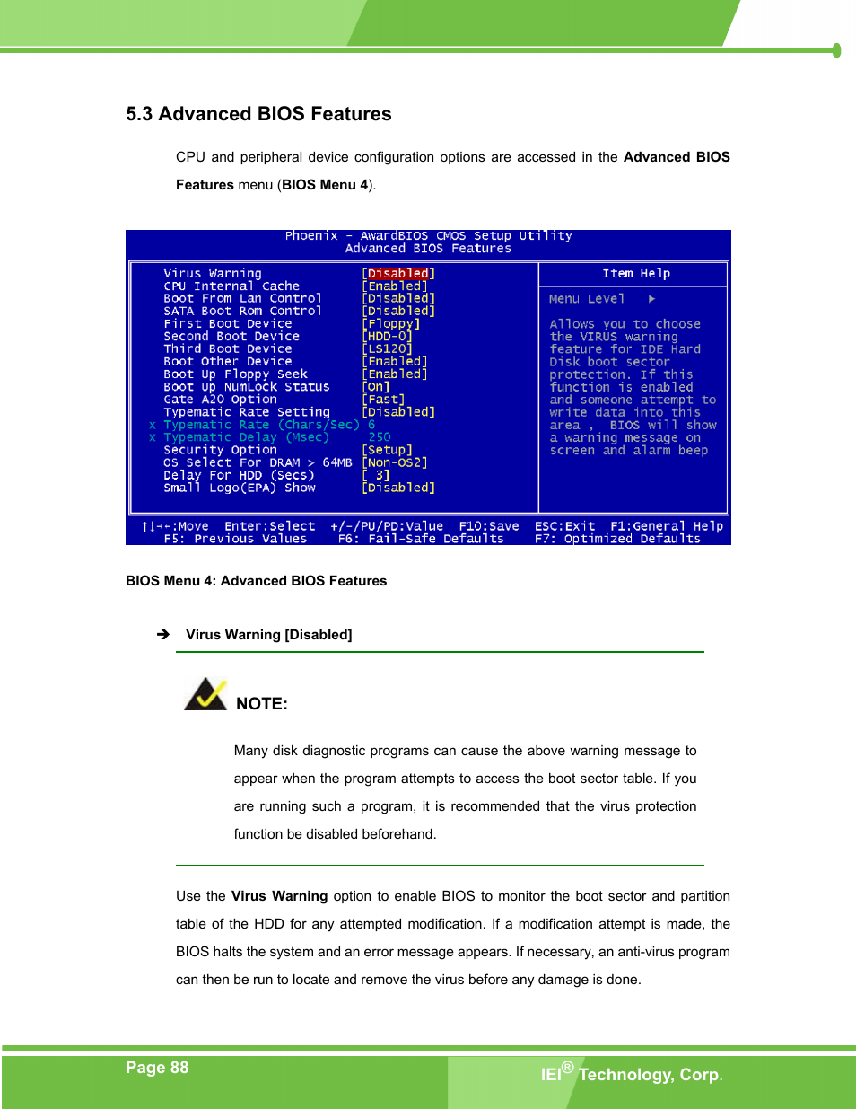 Advanced bios features, Dvanced, Bios f | Eatures, Bios menu 4: advanced bios features, 3 advanced bios features | IEI Integration PM-LX-800 v1.0 User Manual | Page 88 / 147