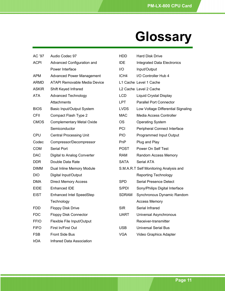 Glossary | IEI Integration PM-LX-800 v1.10 User Manual | Page 11 / 147