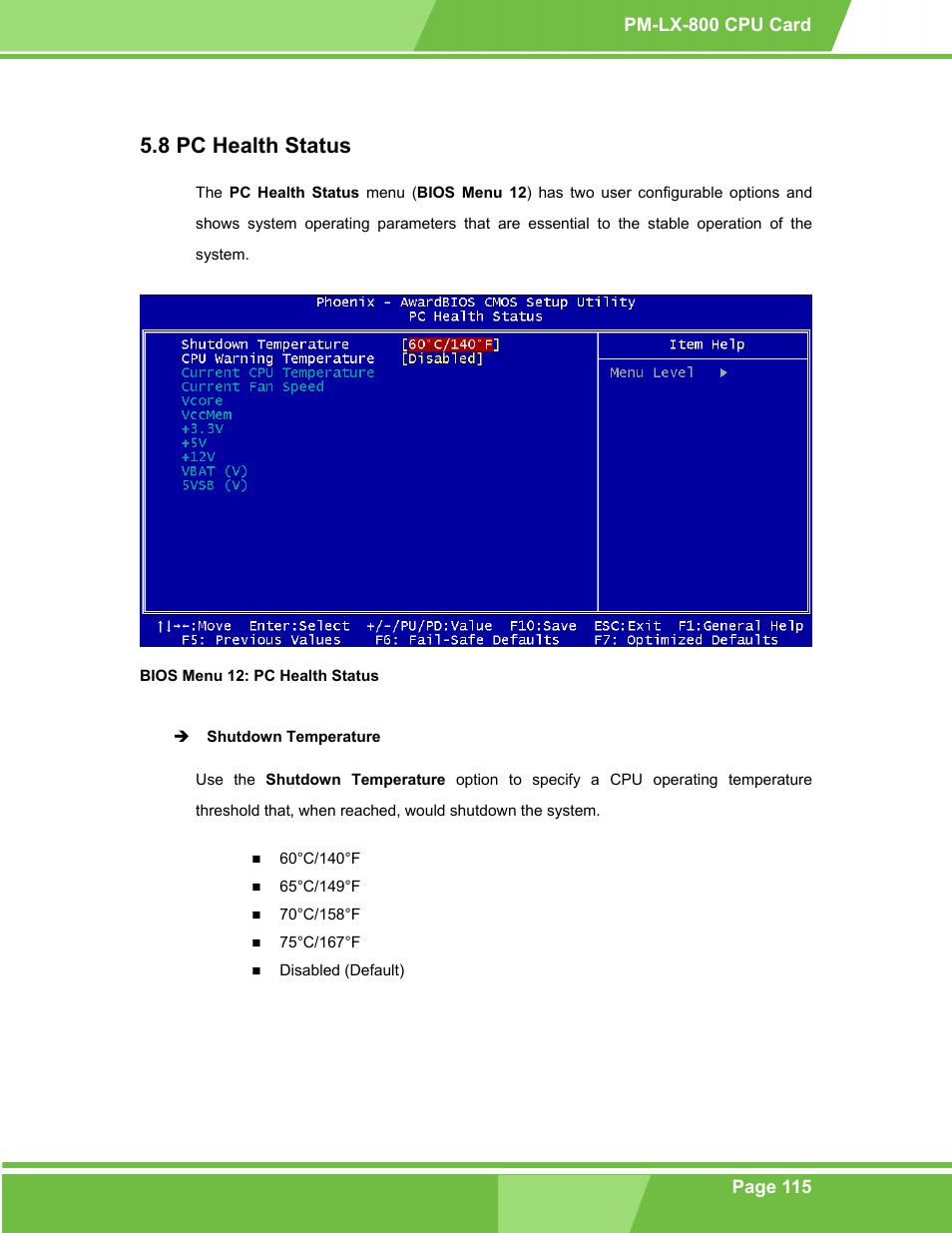 Pc health status, 8 pc h, Ealth | Tatus, Bios menu 12: pc health status, 8 pc health status | IEI Integration PM-LX-800 v1.10 User Manual | Page 115 / 147