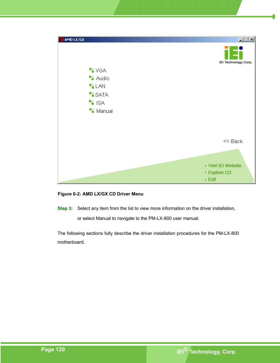Figure 6-2: amd lx/gx cd driver menu | IEI Integration PM-LX-800 v1.10 User Manual | Page 120 / 147