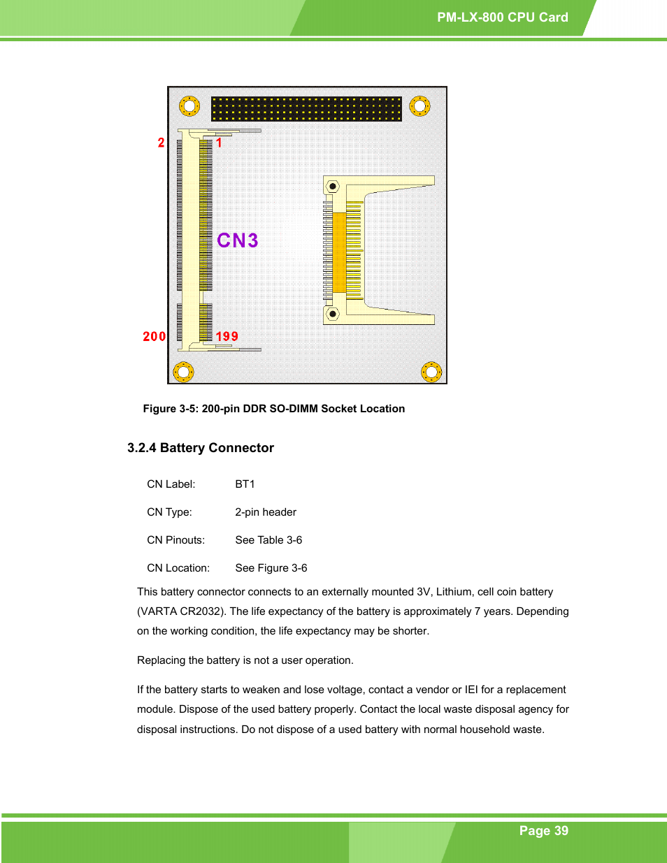 Battery connector, 4 battery connector, Figure 3-5: 200-pin ddr so-dimm socket location | IEI Integration PM-LX-800 v1.10 User Manual | Page 39 / 147