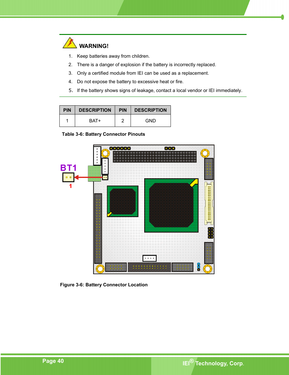 Figure 3-6: battery connector location, Table 3-6: battery connector pinouts | IEI Integration PM-LX-800 v1.10 User Manual | Page 40 / 147