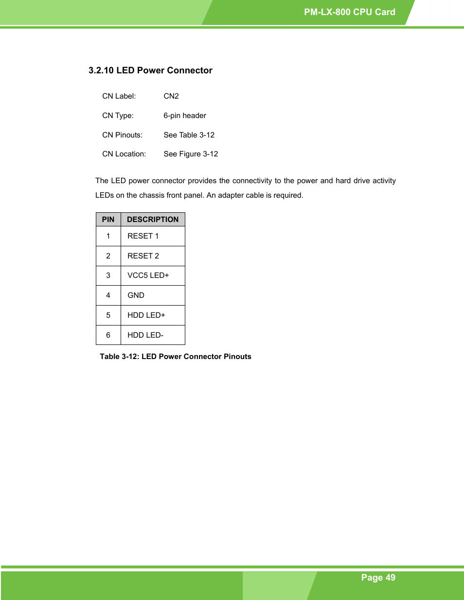 Led power connector, 10 led power connector, Table 3-12: led power connector pinouts | IEI Integration PM-LX-800 v1.10 User Manual | Page 49 / 147