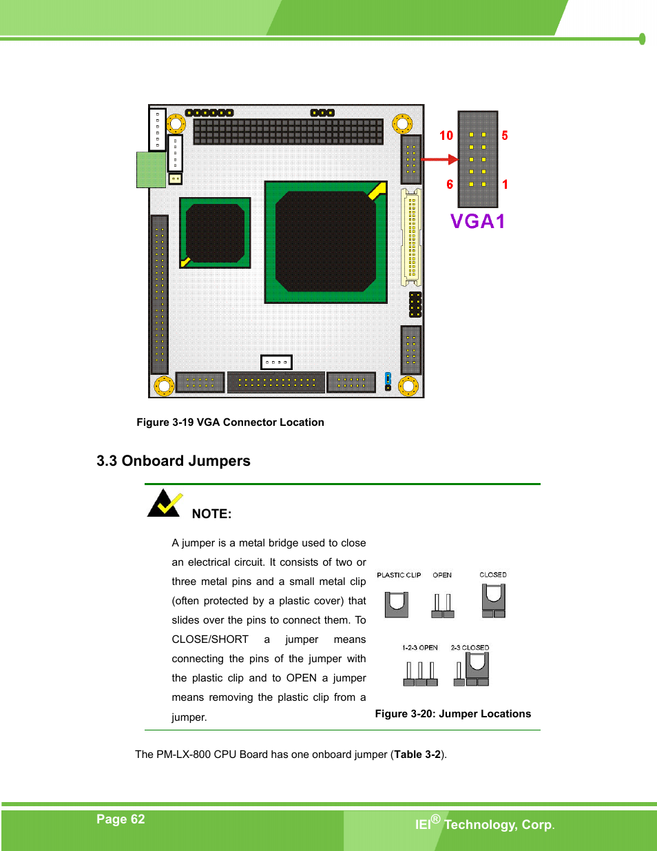 Onboard jumpers, Nboard, Umpers | Figure 3-19 vga connector location, Figure 3-20: jumper locations, 3 onboard jumpers | IEI Integration PM-LX-800 v1.10 User Manual | Page 62 / 147