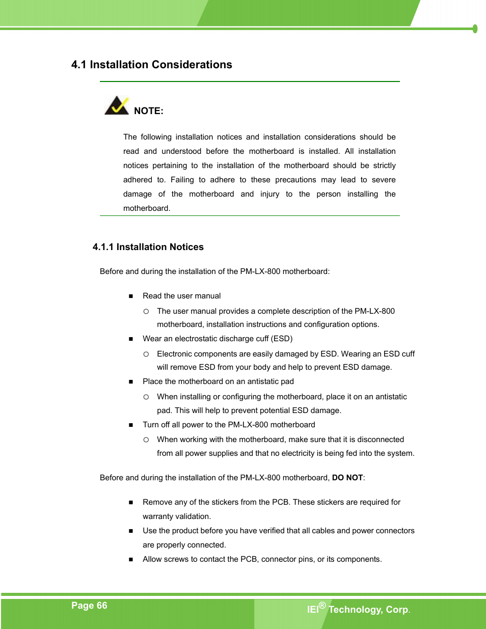 Installation considerations, Installation notices, Nstallation | Onsiderations, 1 installation notices, 1 installation considerations | IEI Integration PM-LX-800 v1.10 User Manual | Page 66 / 147
