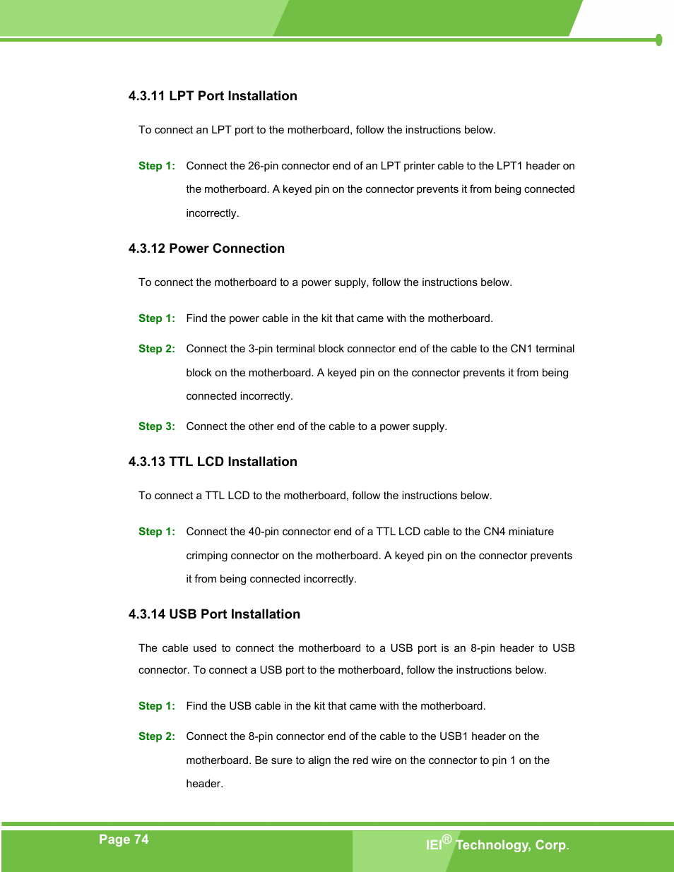 Lpt port installation, Power connection, Ttl lcd installation | Usb port installation | IEI Integration PM-LX-800 v1.10 User Manual | Page 74 / 147