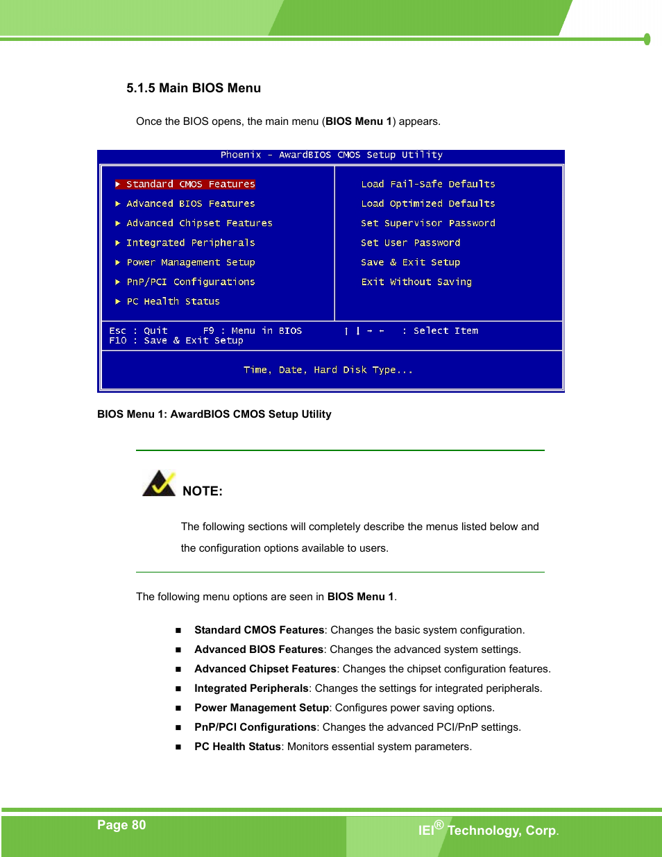 Main bios menu, 5 main bios menu, Bios menu 1: awardbios cmos setup utility | IEI Integration PM-LX-800 v1.10 User Manual | Page 80 / 147