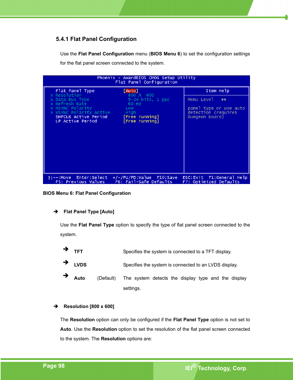 Flat panel configuration, 1 flat panel configuration, Bios menu 6: flat panel configuration | IEI Integration PM-LX-800 v1.10 User Manual | Page 98 / 147