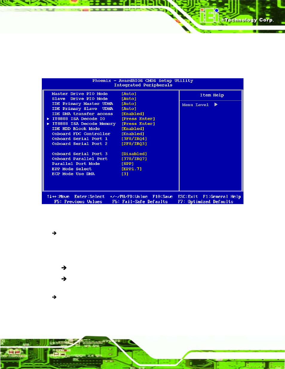5 integrated peripherals, Ntegrated, Eripherals | Bios menu 6: integrated peripherals | IEI Integration WAFER-LX v1.22 User Manual | Page 117 / 227