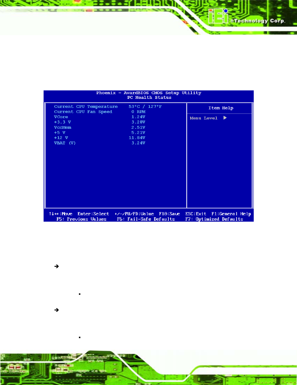 8 pc health status, Ealth, Tatus | Bios menu 14: pc health status | IEI Integration WAFER-LX v1.22 User Manual | Page 135 / 227