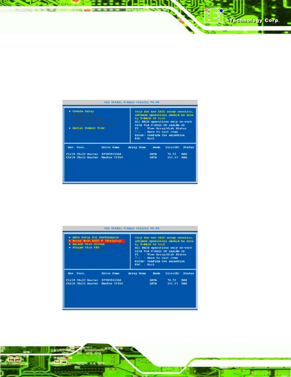 3 creating a raid array, Reating a, Raid | Rray, Figure 7-2: raid setup main screen, Figure 7-3: create array | IEI Integration WAFER-LX v1.22 User Manual | Page 139 / 227