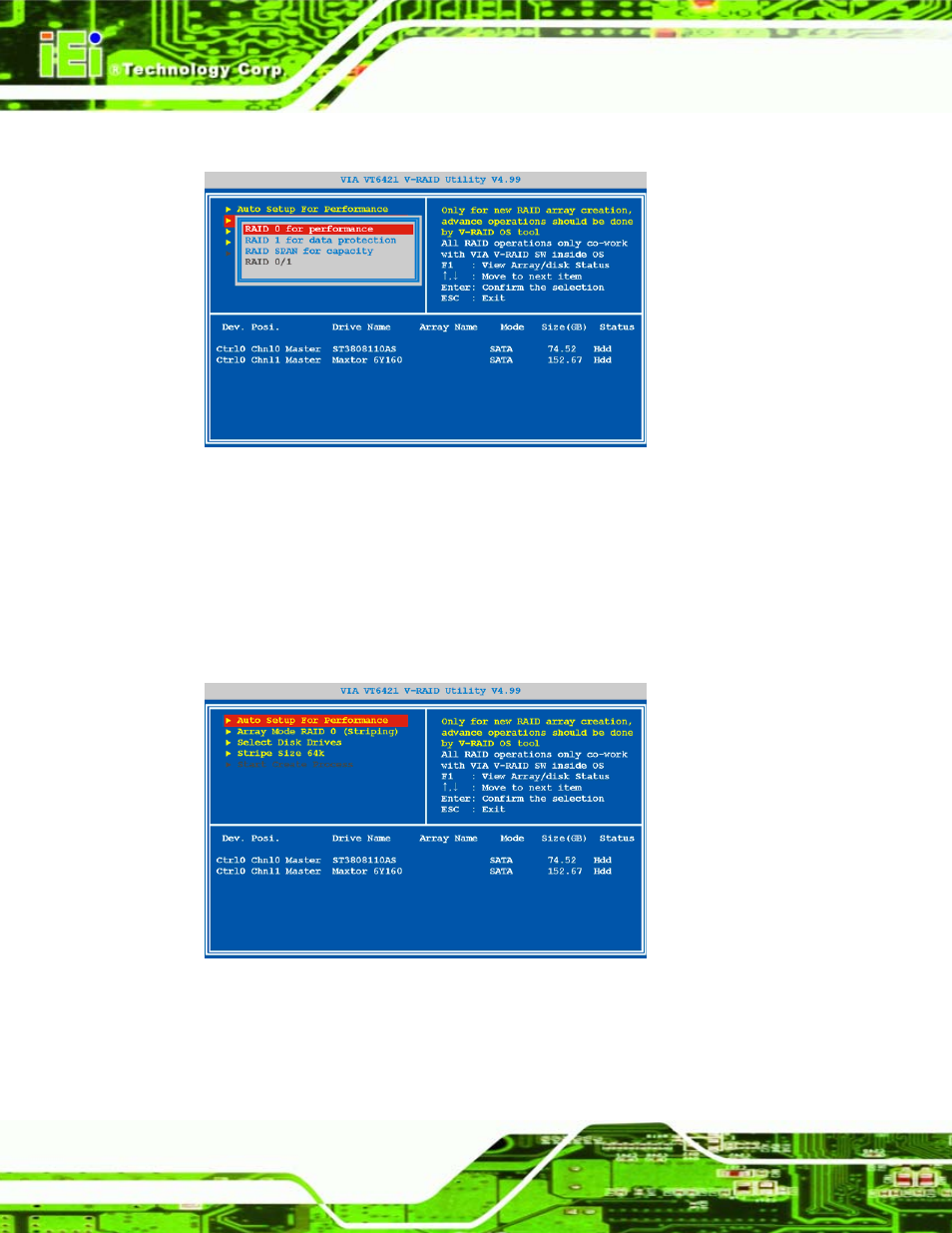 1 automatic setup, Figure 7-4: raid type, Figure 7-5: automatic setup | IEI Integration WAFER-LX v1.22 User Manual | Page 140 / 227
