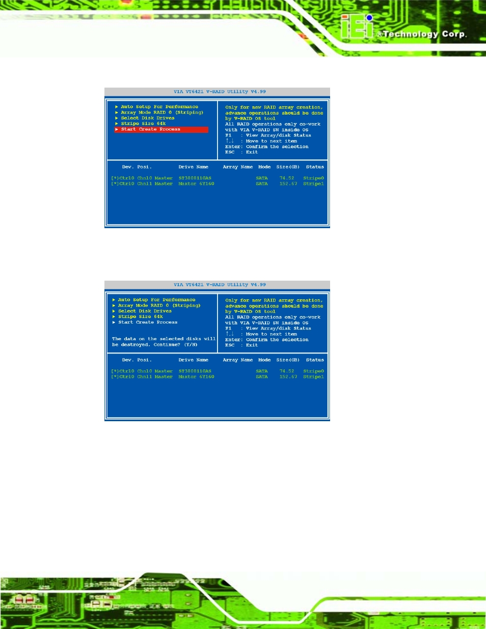 Figure 7-14: start raid creation, Figure 7-15: confirm raid creation | IEI Integration WAFER-LX v1.22 User Manual | Page 145 / 227