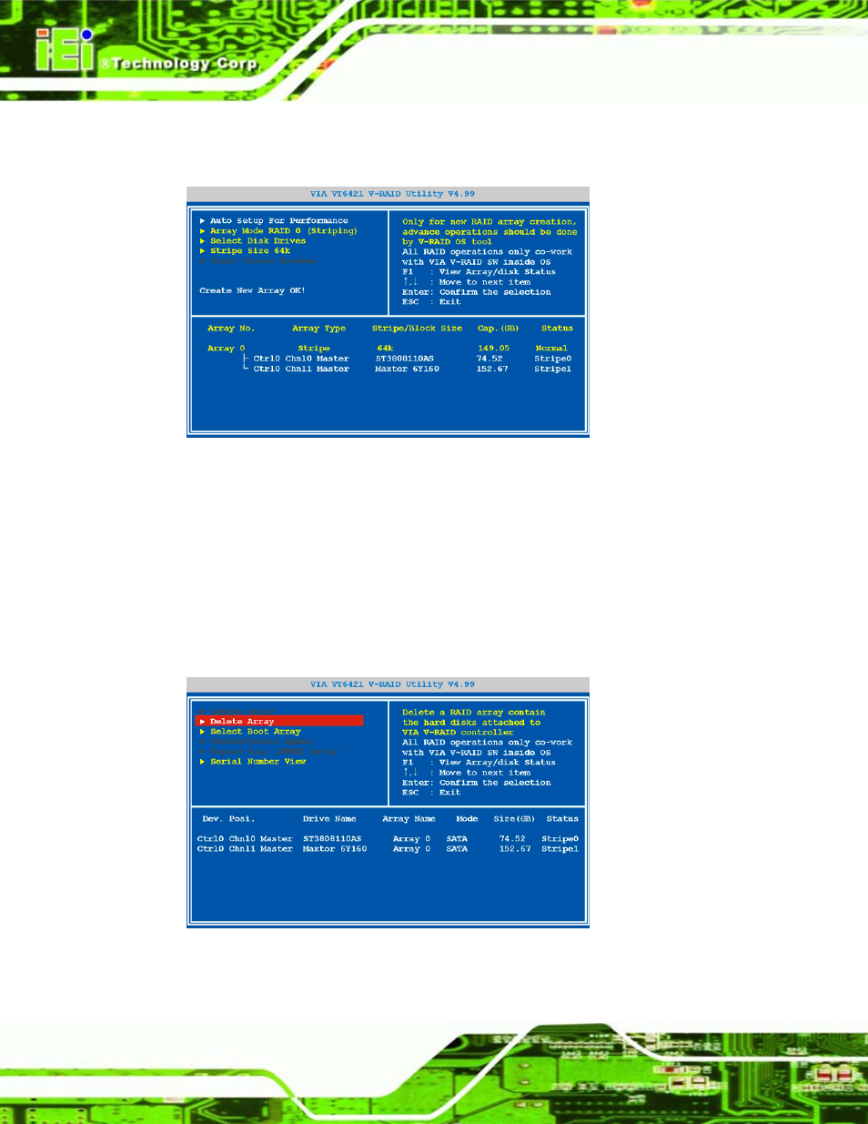4 delete a raid array, Elete a, Raid | Rray, Figure 7-16: raid array created, Figure 7-17: delete raid array | IEI Integration WAFER-LX v1.22 User Manual | Page 146 / 227