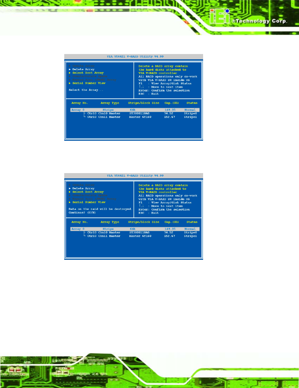 Figure 7-18: select array to delete, Figure 7-19: confirm array deletion | IEI Integration WAFER-LX v1.22 User Manual | Page 147 / 227