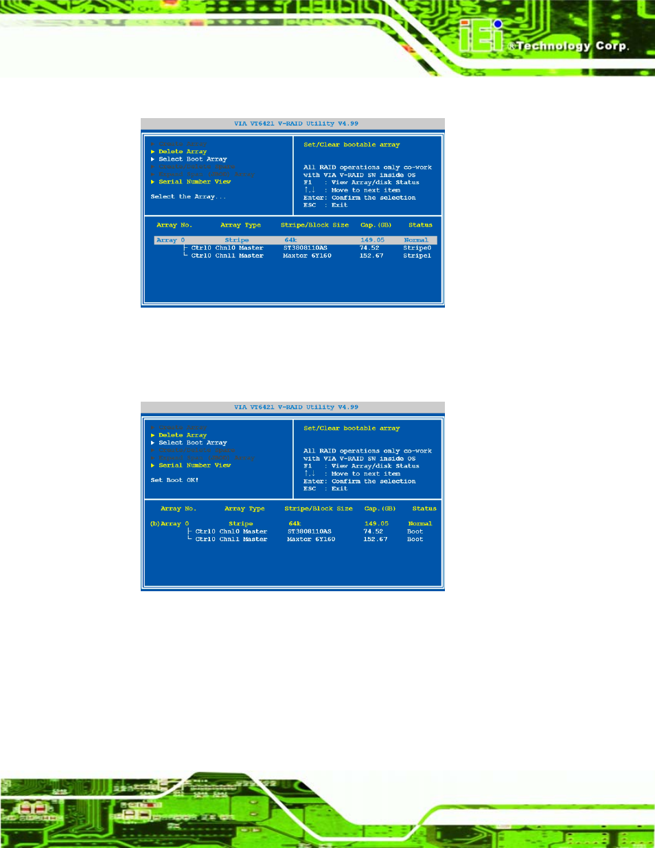 6 viewing disk drive serial numbers, Iewing, Rive | Erial, Umbers, Figure 7-22: select boot array, Figure 7-23: set array as boot array | IEI Integration WAFER-LX v1.22 User Manual | Page 149 / 227