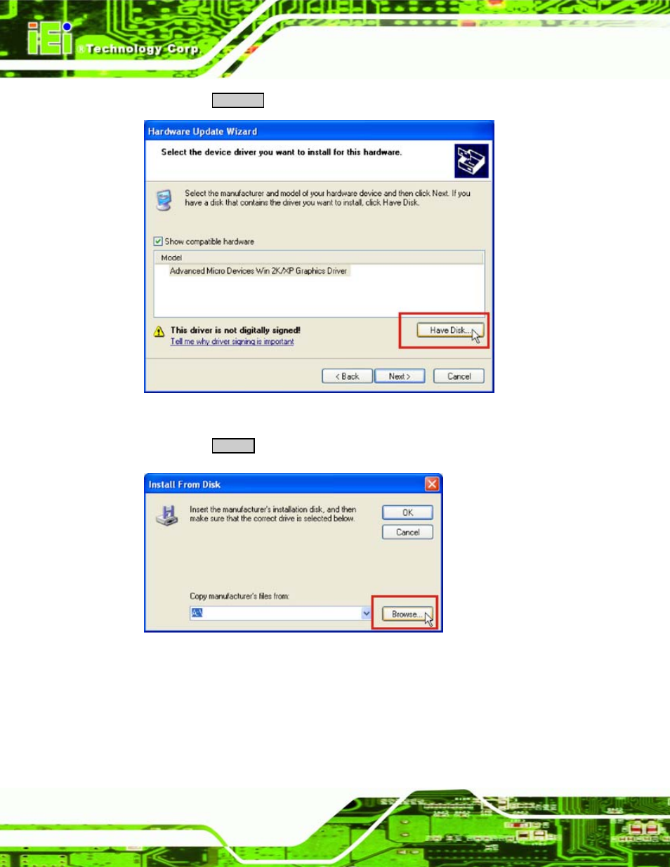 Figure 8-10: have disk, Figure 8-11: browse for driver location | IEI Integration WAFER-LX v1.22 User Manual | Page 162 / 227