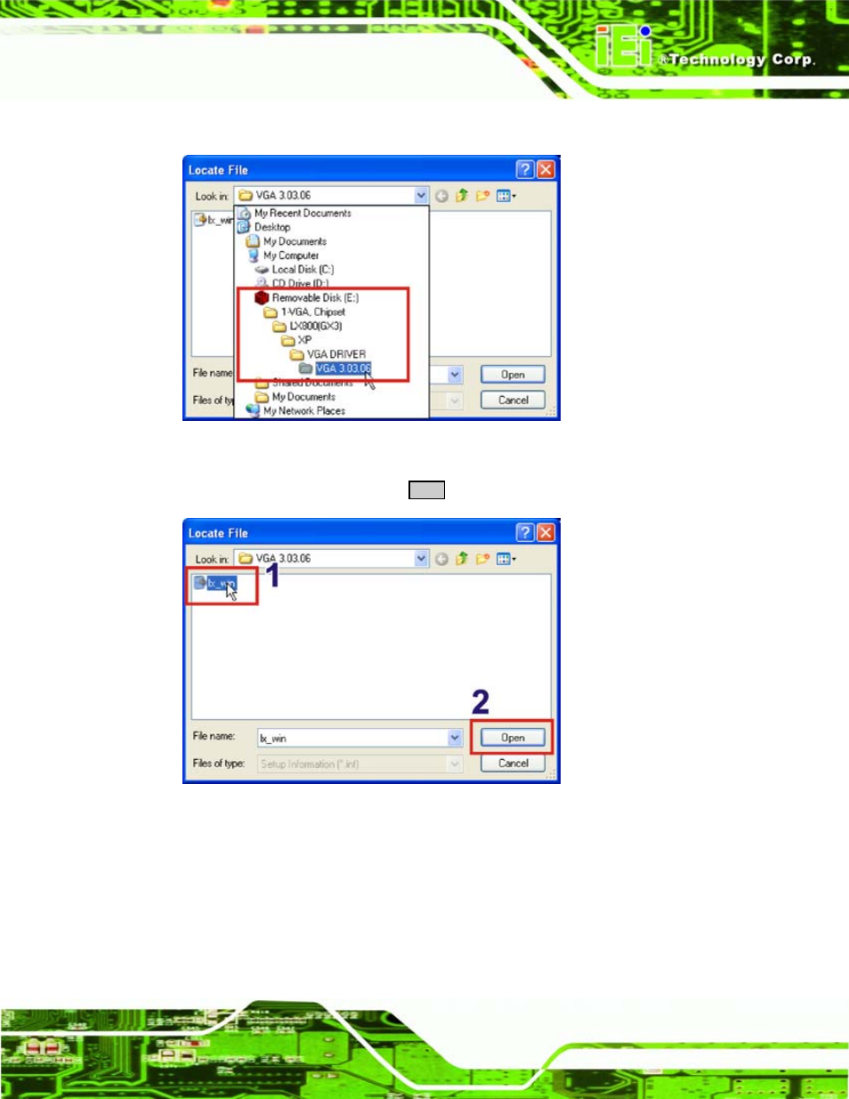 Figure 8-12: graphics driver directory, Figure 8-13: select driver file | IEI Integration WAFER-LX v1.22 User Manual | Page 163 / 227