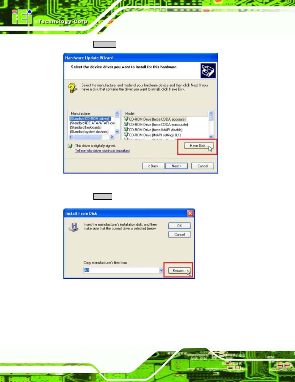 Figure 8-53: have disk, Figure 8-54: browse for driver location | IEI Integration WAFER-LX v1.22 User Manual | Page 190 / 227