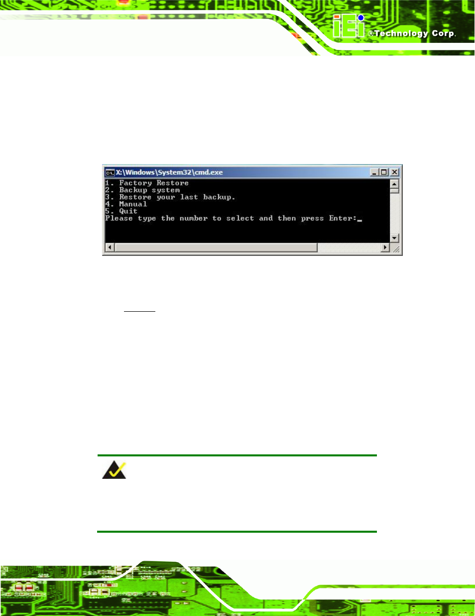 B.1 one key recovery introduction, Ecovery, Ntroduction | Figure b-1: iei one key recovery tool menu | IEI Integration WAFER-945GSE v2.01 User Manual | Page 142 / 182