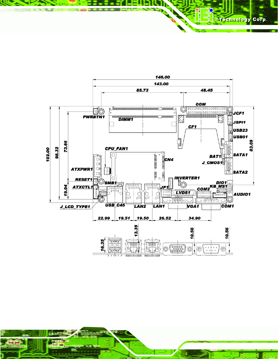 4 dimensions, Imensions, Figure 1-3: wafer-945gse dimensions (mm) | IEI Integration WAFER-945GSE v2.01 User Manual | Page 20 / 182