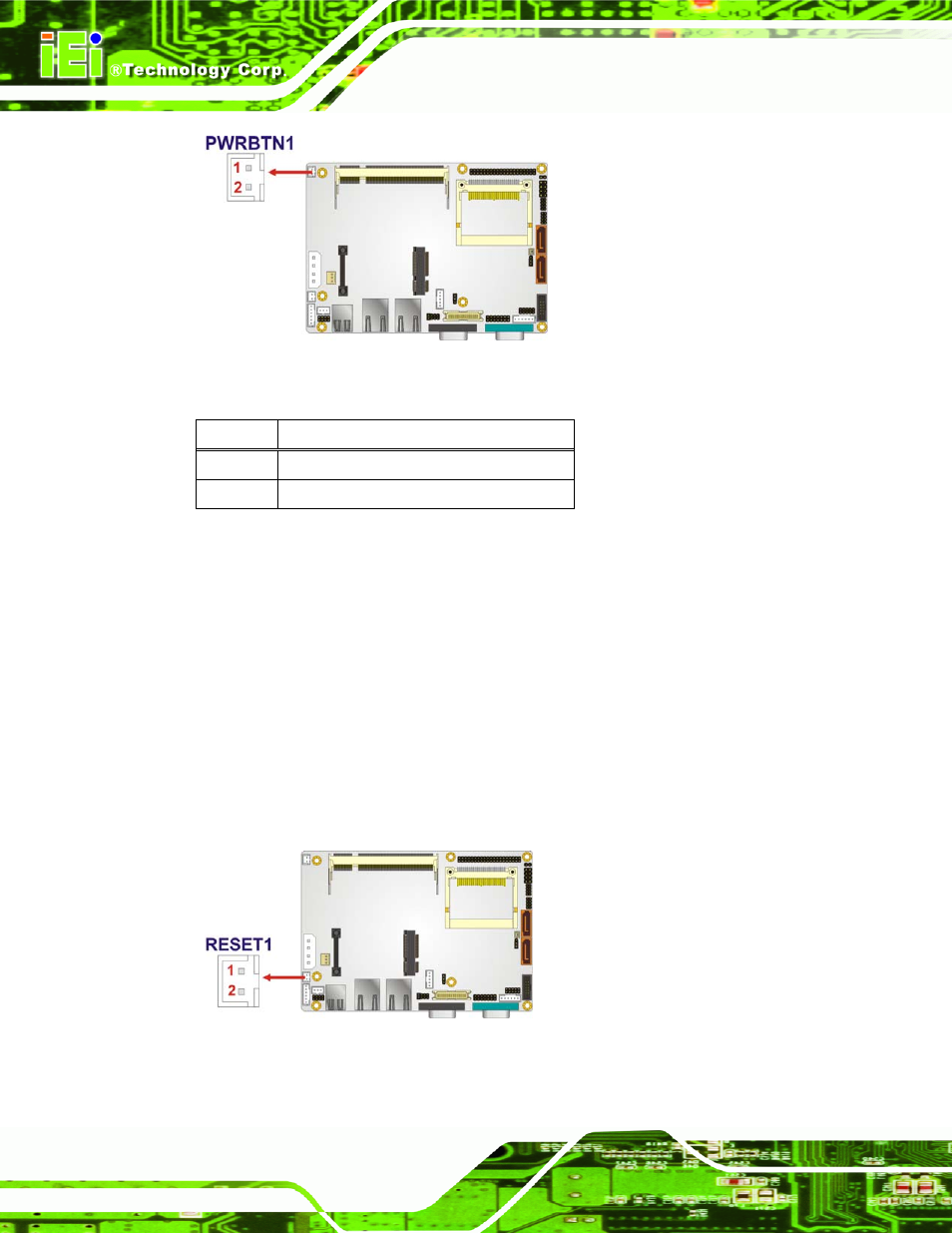 13 reset button connector, Figure 3-13: power button connector location, Figure 3-14: reset button connector location | Table 3-14: power button connector pinouts | IEI Integration WAFER-945GSE v2.01 User Manual | Page 43 / 182
