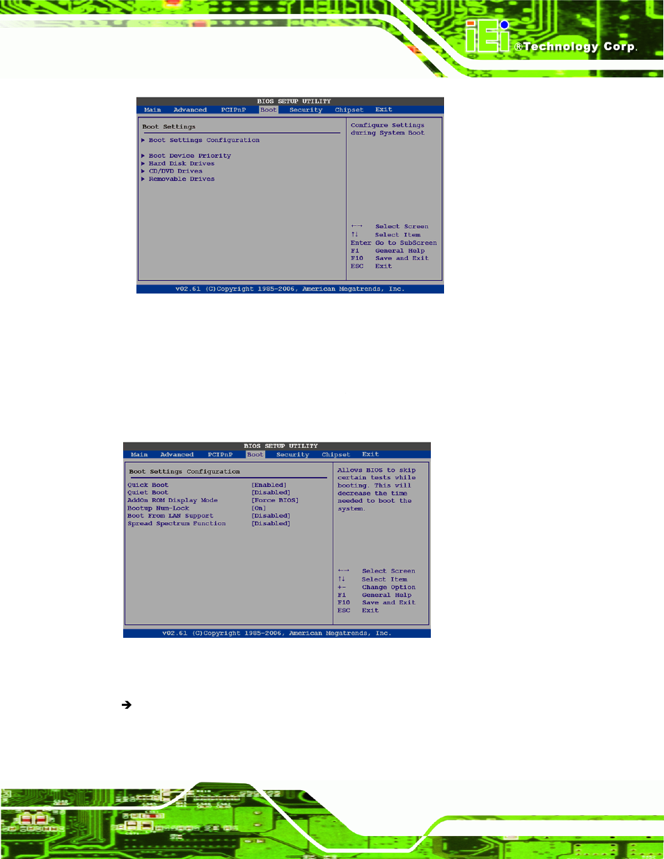 1 boot settings configuration, Menu 15: boot, Menu 16: boot settings configuration | IEI Integration WAFER-945GSE2 v1.03 User Manual | Page 128 / 204