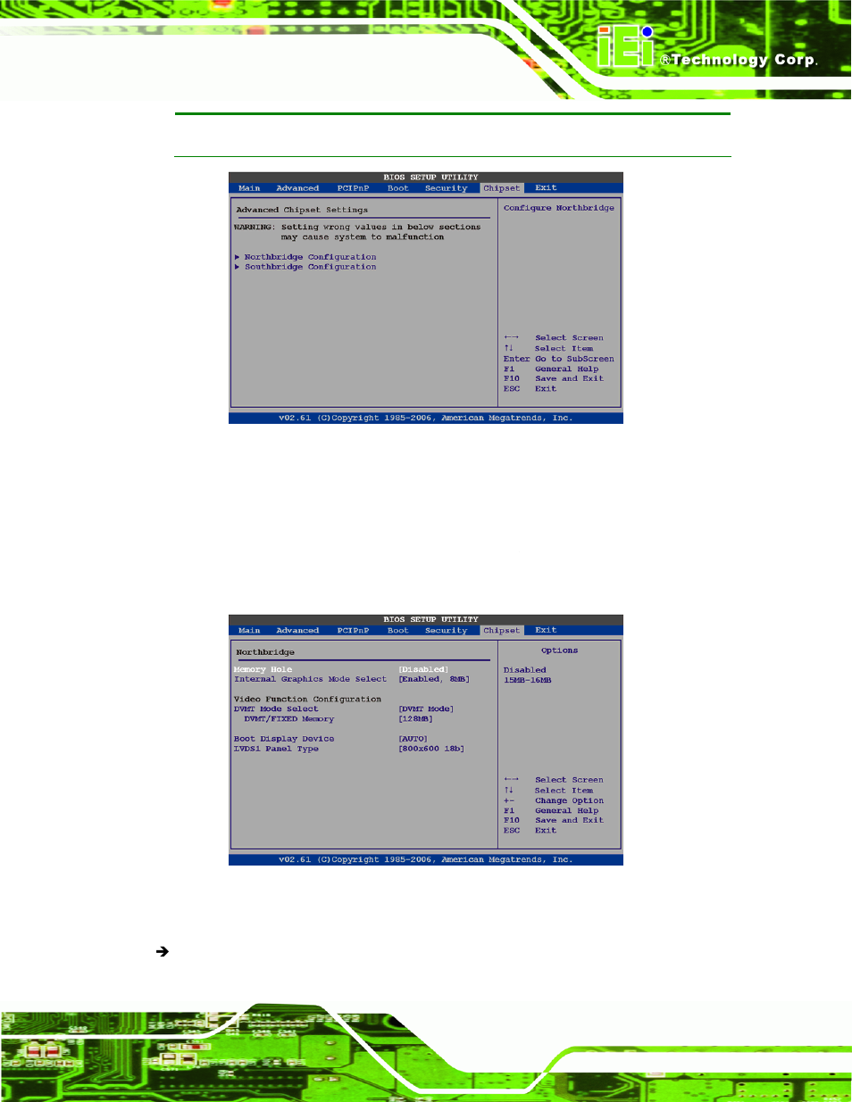 1 northbridge chipset configuration, Menu 19: chipset, Menu 20:northbridge chipset configuration | IEI Integration WAFER-945GSE2 v1.03 User Manual | Page 132 / 204