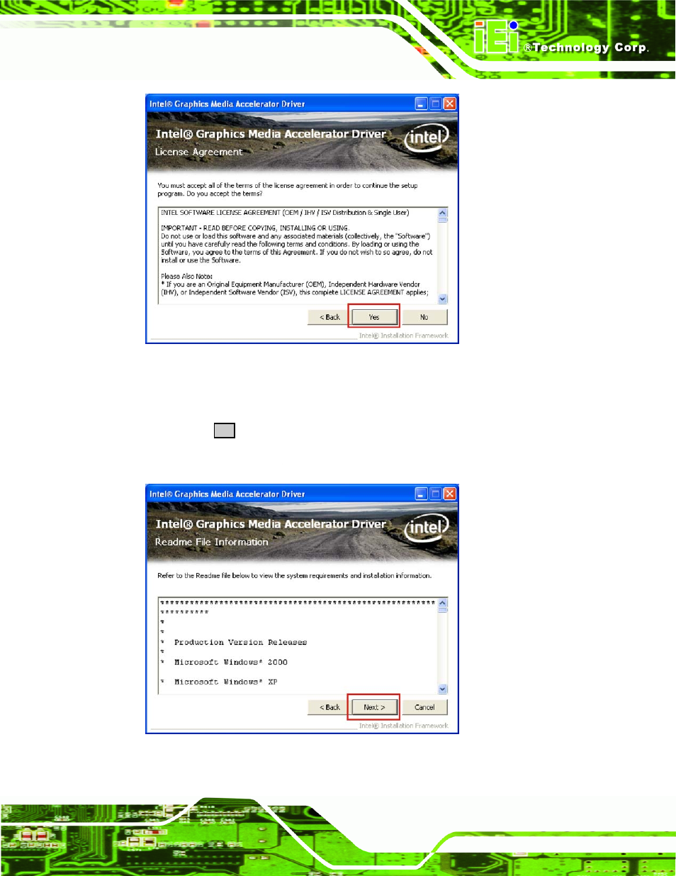 Figure 7-12: vga driver license agreement, Figure 7-13: vga driver read me file | IEI Integration WAFER-945GSE2 v1.03 User Manual | Page 146 / 204