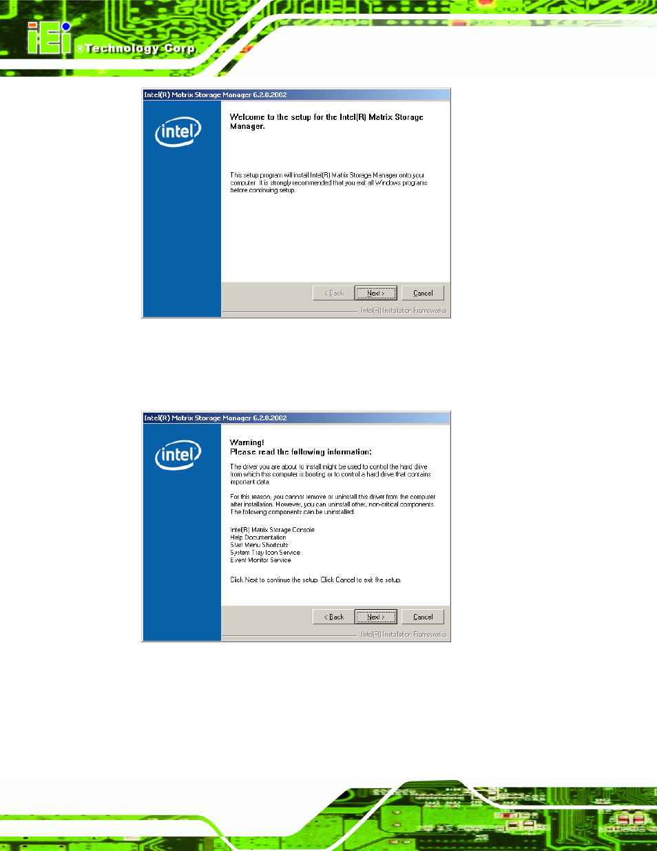 Figure 7-30: matrix storage manager welcome screen, Figure 7-31: matrix storage manager warning screen | IEI Integration WAFER-945GSE2 v1.03 User Manual | Page 157 / 204