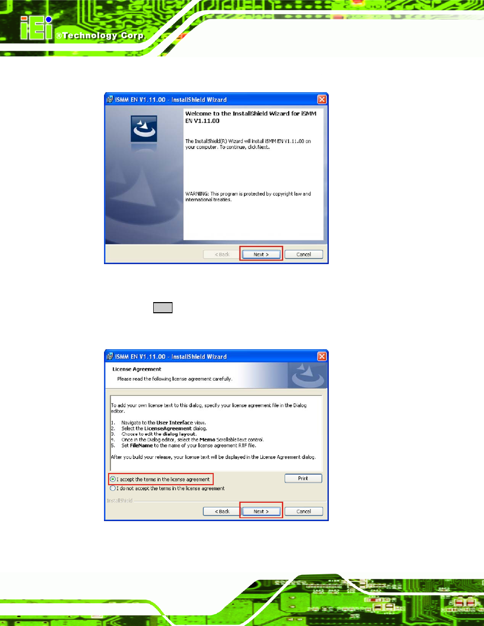 Figure 7-37: ismm installshield welcome screen, Figure 7-38: ismm license agreement | IEI Integration WAFER-945GSE2 v1.03 User Manual | Page 161 / 204