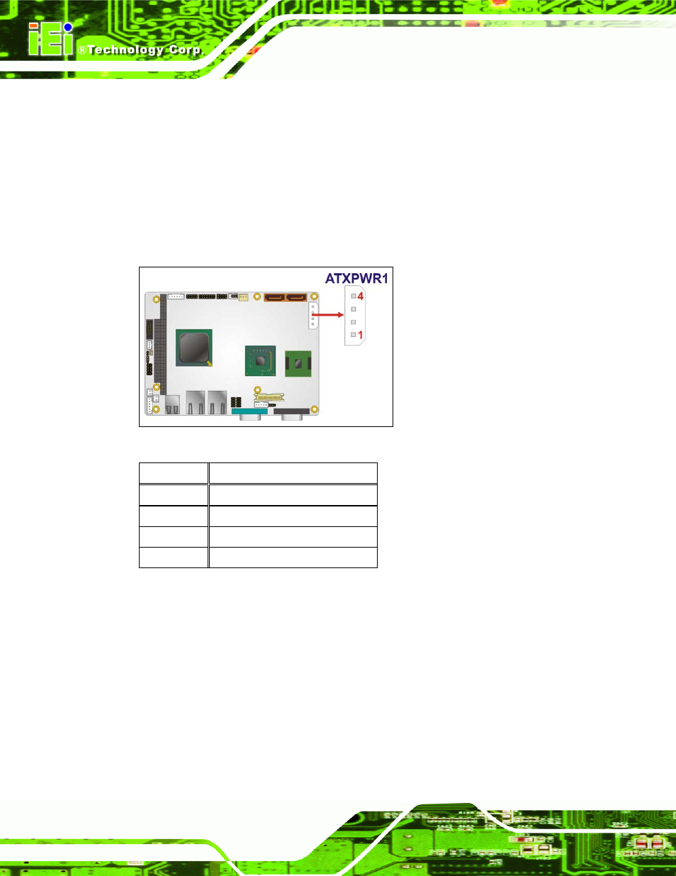 1 atx power connector, 2 atx power supply enable connector, Figure 4-3: atx power connector location | Table 4-3: atx power connector pinouts | IEI Integration WAFER-945GSE2 v1.03 User Manual | Page 53 / 204