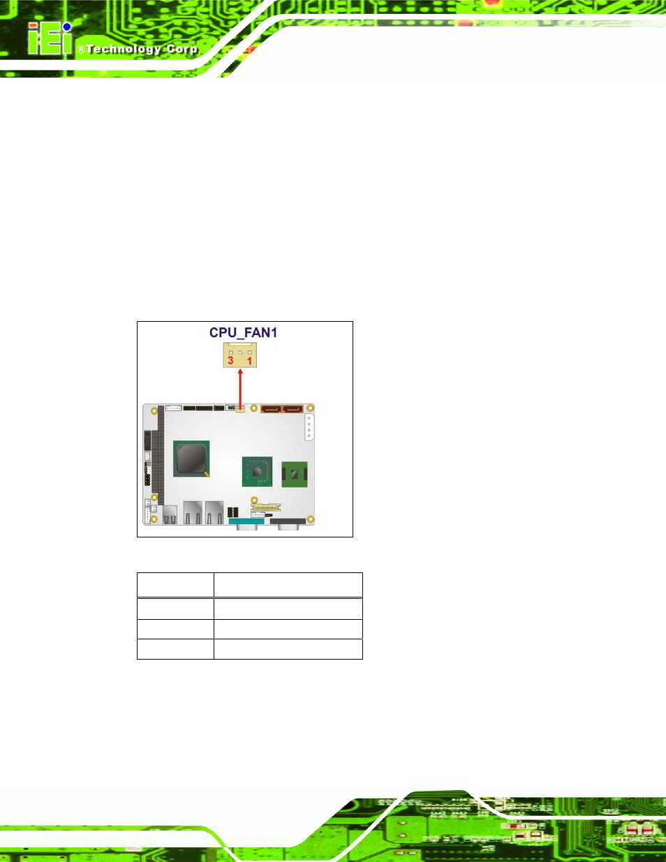 7 fan connector (+12v, 3-pin), Figure 4-9: +12v fan connector location, Table 4-9: +12v fan connector pinouts | IEI Integration WAFER-945GSE2 v1.03 User Manual | Page 59 / 204