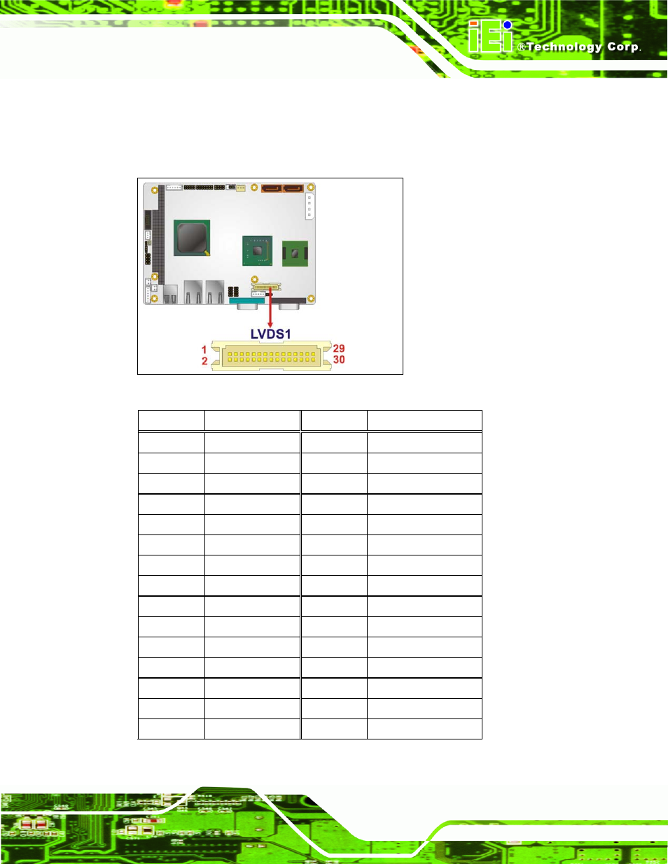 Figure 4-12: lvds lcd connector pinout location, Table 4-12: lvds lcd port connector pinouts | IEI Integration WAFER-945GSE2 v1.03 User Manual | Page 62 / 204