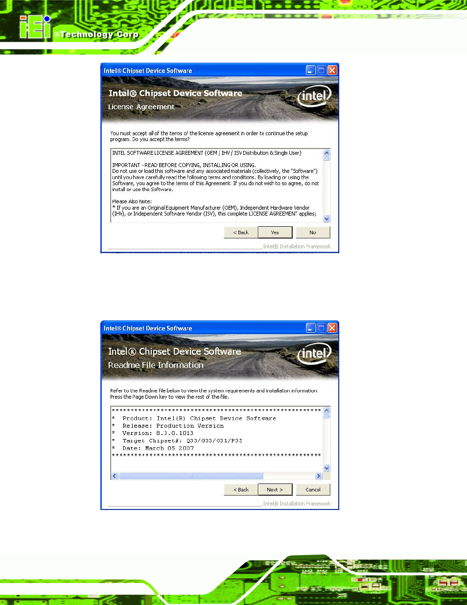 Figure 6-5: chipset driver license agreement, Figure 6-6: chipset driver read me file | IEI Integration WAFER-945GSE2 v2.00 User Manual | Page 121 / 177