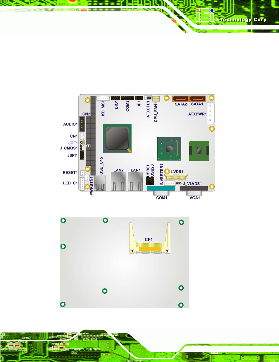 1 peripheral interface connectors, 1 wafer-945gse2 layout, Eripheral | Nterface, Onnectors, Figure 3-1: connectors and jumpers (front side), Figure 3-2: connectors and jumpers (solder side) | IEI Integration WAFER-945GSE2 v2.00 User Manual | Page 30 / 177