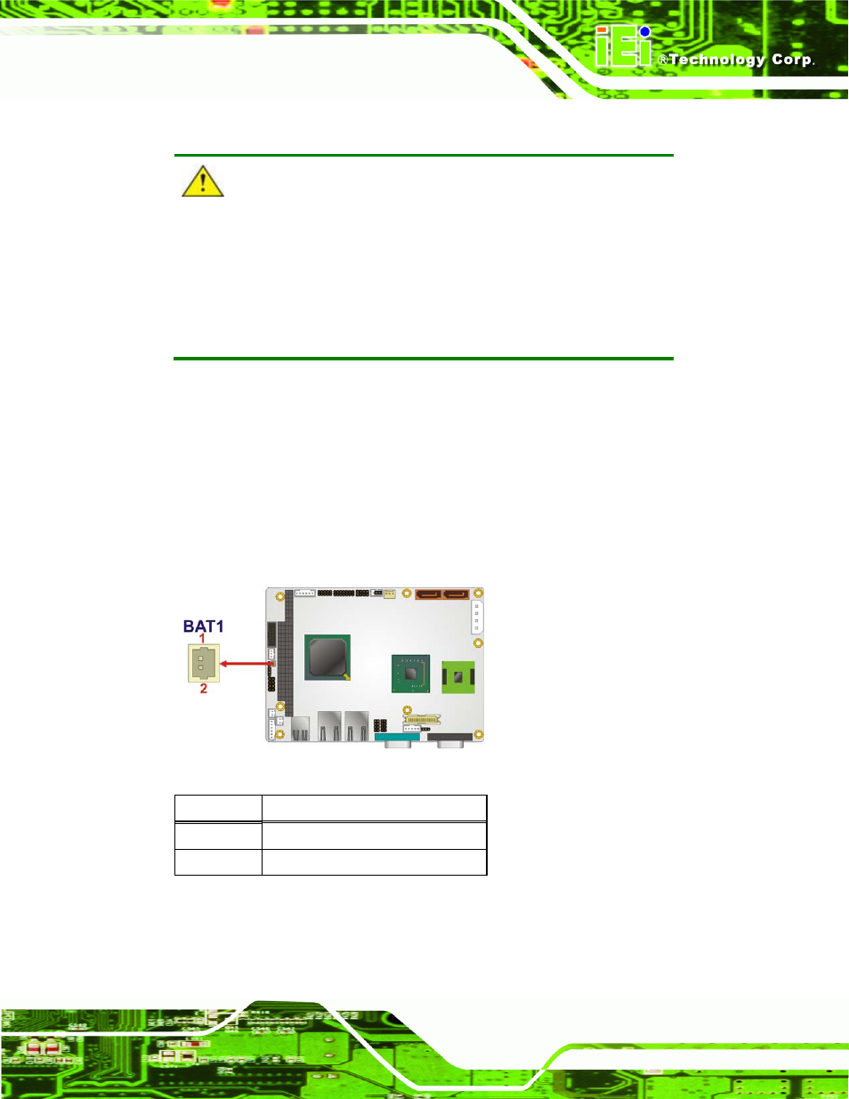 5 battery connector, Figure 3-7: battery connector location, Table 3-7: battery connector pinouts | IEI Integration WAFER-945GSE2 v2.00 User Manual | Page 36 / 177