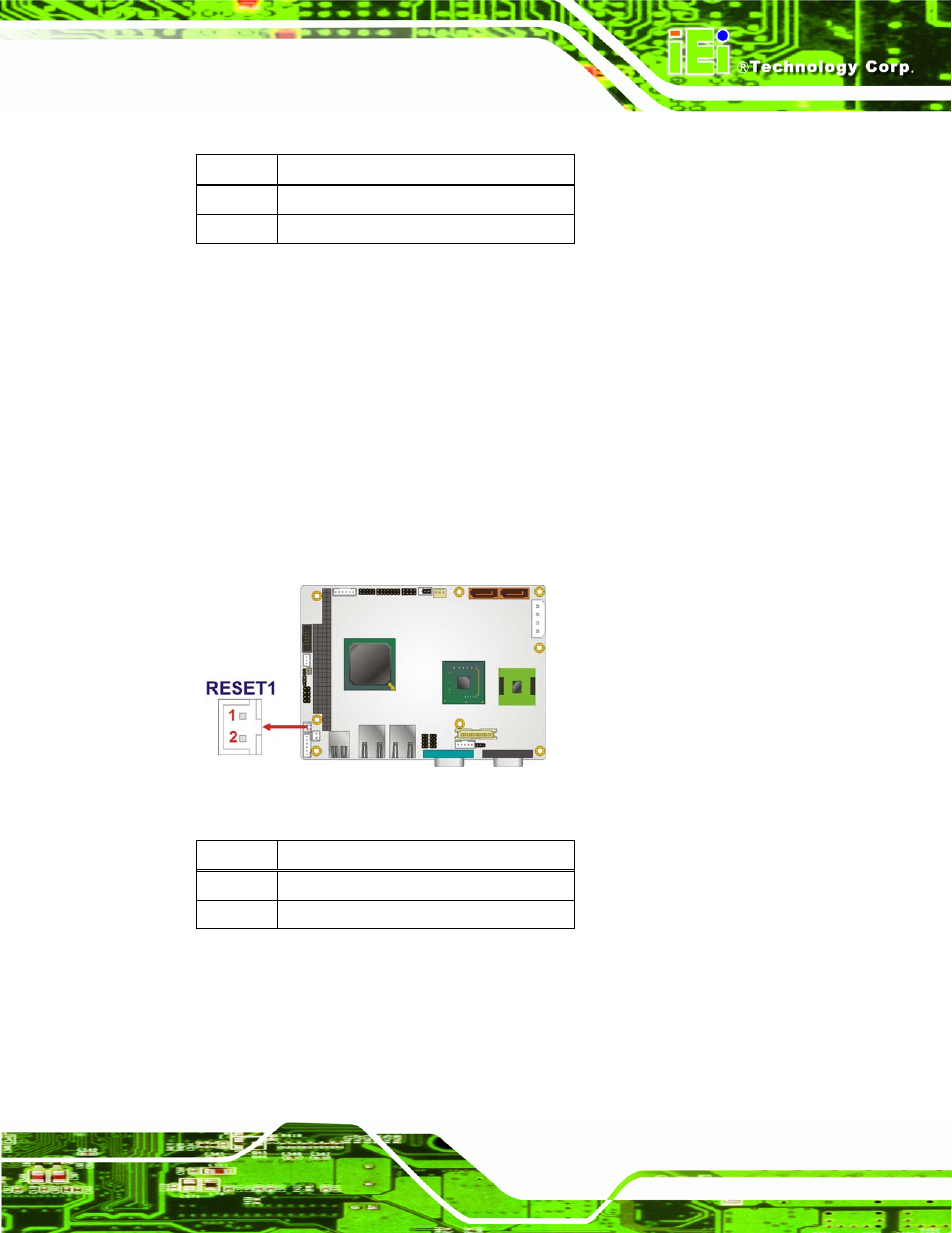 15 reset button connector, 16 sata drive connectors, Figure 3-17: reset button connector location | Table 3-17: power button connector pinouts, Table 3-18: reset button connector pinouts | IEI Integration WAFER-945GSE2 v2.00 User Manual | Page 46 / 177