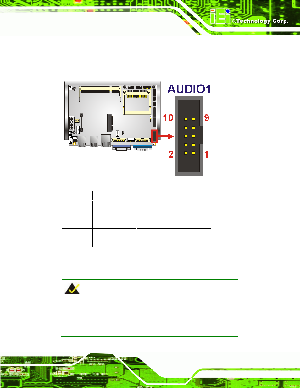 4 battery connector, Figure 3-4: audio connector pinouts, Table 3-5: audio connector pinouts | IEI Integration WAFER-945GSELVDS2 User Manual | Page 29 / 140