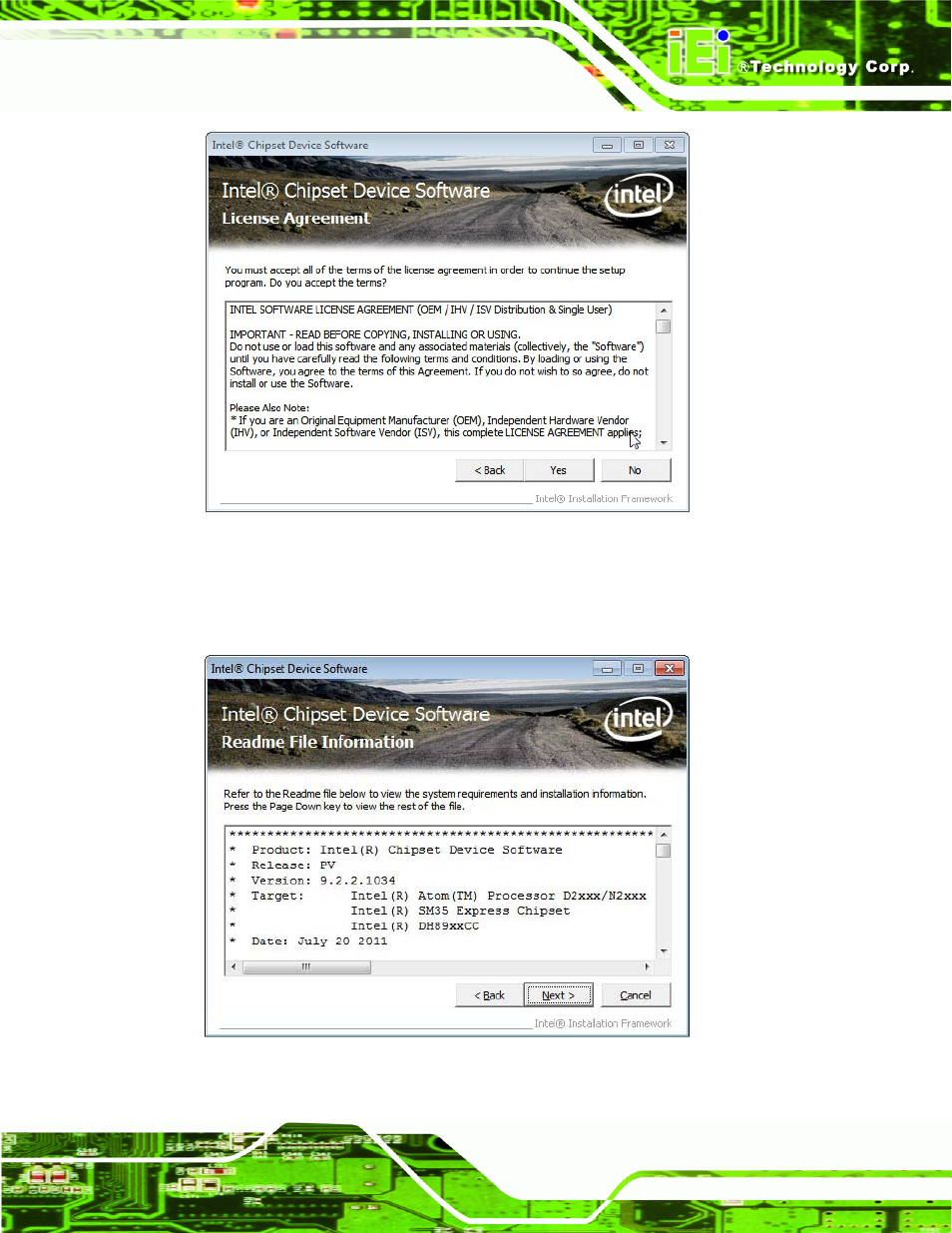Figure 6-5: chipset driver license agreement, Figure 6-6: chipset driver read me file | IEI Integration WAFER-CV-D25501_N26001 User Manual | Page 112 / 181