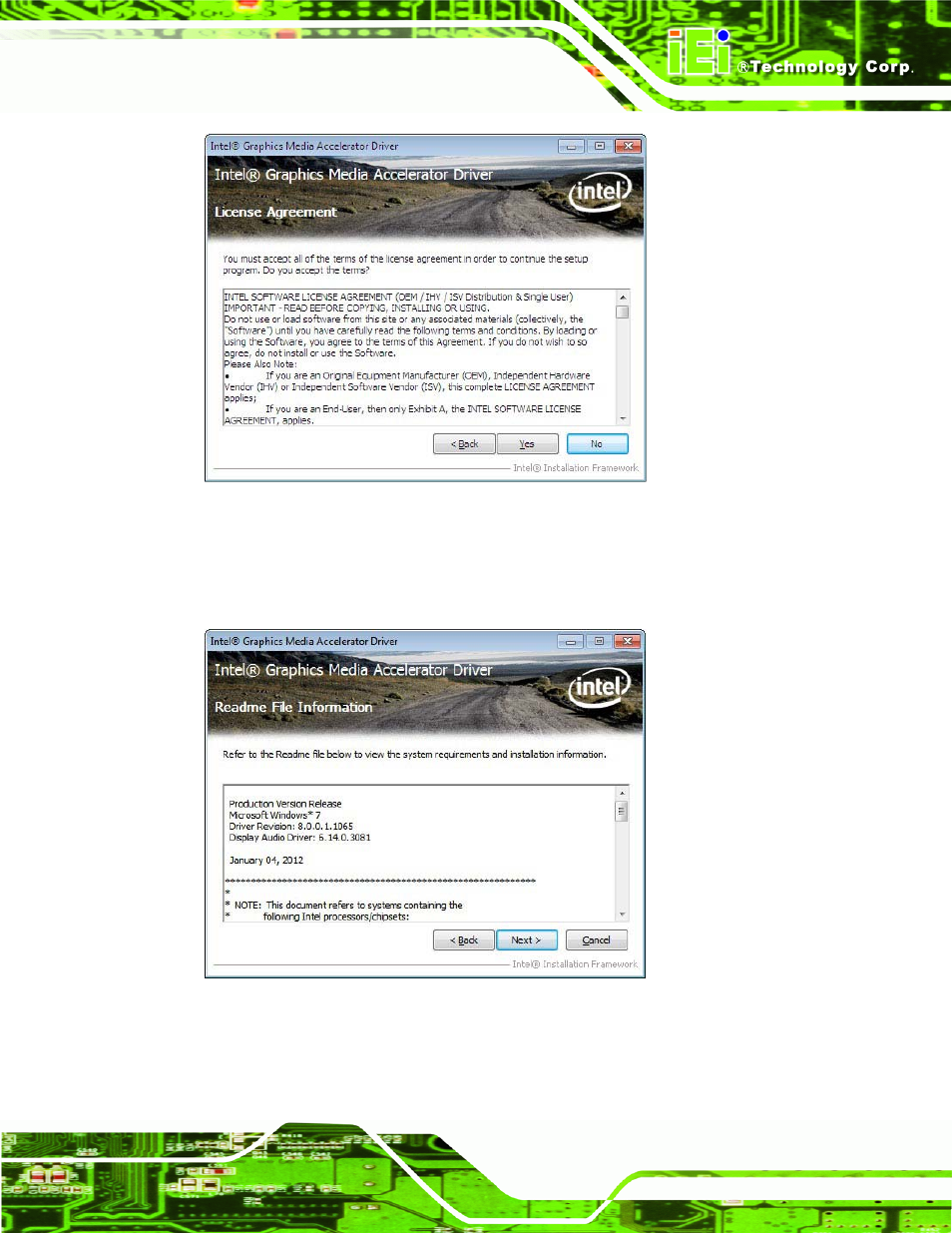Figure 6-10: graphics driver license agreement, Figure 6-11: graphics driver read me file | IEI Integration WAFER-CV-D25501_N26001 User Manual | Page 116 / 181