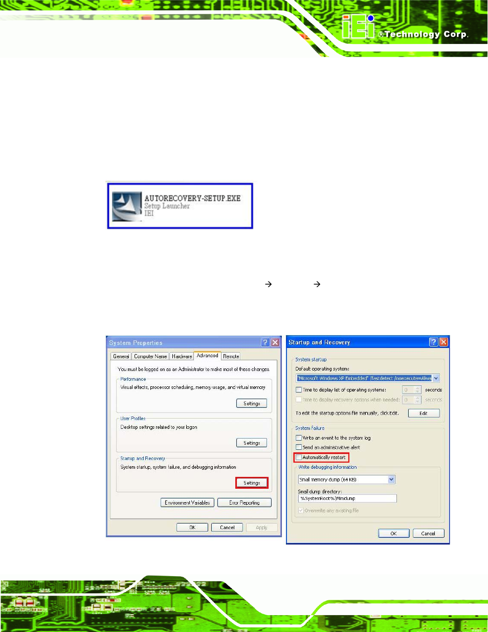 Figure b-22: auto recovery utility, Figure b-23: disable automatically restart | IEI Integration WAFER-CV-D25501_N26001 User Manual | Page 144 / 181